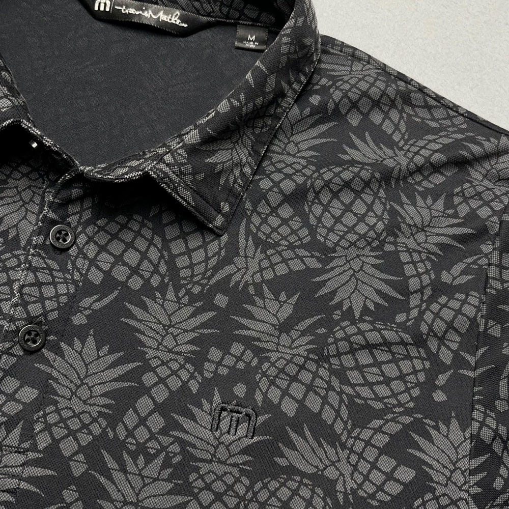 TravisMathew Mens Medium Black Pineapple Print Pima Cotton Blend Golf Polo Shirt